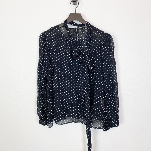 J. Crew Puff Sleeve Neck Tie Top in Lightweight Chiffon Polka Dot BV838 - Picture 3 of 8